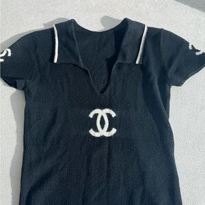 100% Cashmere CC Logo Black Knit Short Sleeve Top S/M
